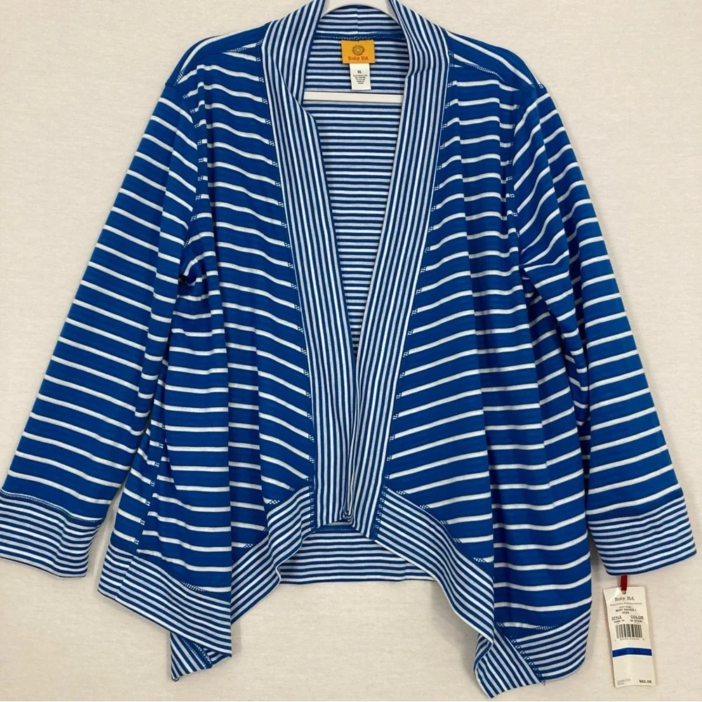 New Ruby Rd. Blue White Stripe Open Front Asymmetric Hem Knit Cardigan XL‎